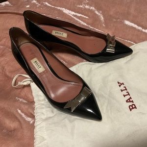 Bally Black Patent Silver Metal Bow Heels